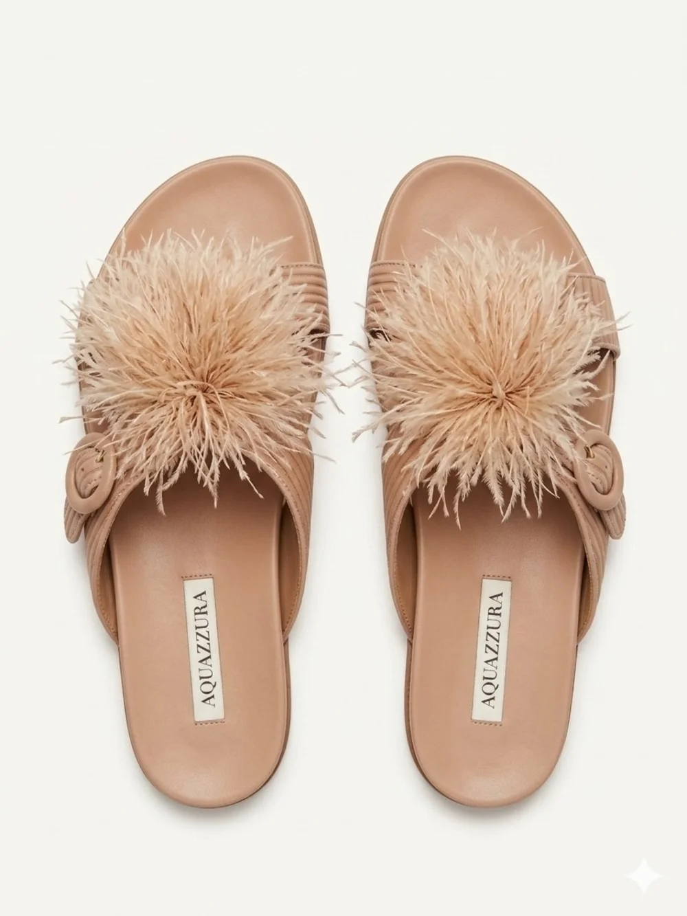 Aquazzura Nude Feather-Trim Slide Mules